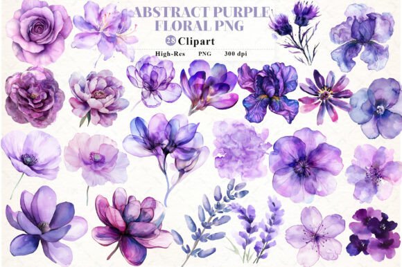 Abstract Purple Watercolor Floral Clipart: Versatile Design Assets