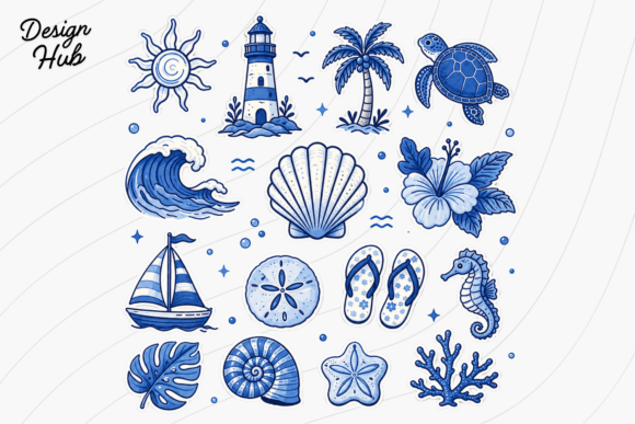 Coastal Blue Beach Icons PNG for Nautical Design