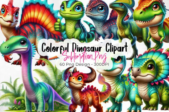 Colorful Dinosaur Clipart Bundle: Vibrant Design Assets