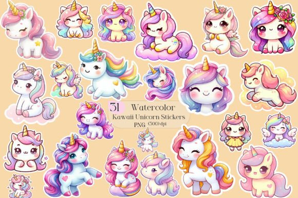 Kawaii Unicorn Stickers Clipart: Whimsy for Commercial Projects
