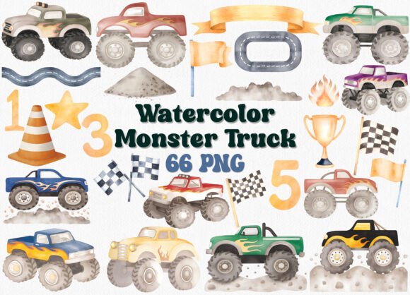 Rev Up Your Projects with a Watercolor Monster Truck Clipart Set