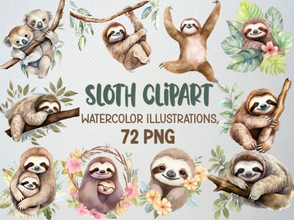 Sloth Clipart & Tropical Elements: 72 PNGs for Creative Projects
