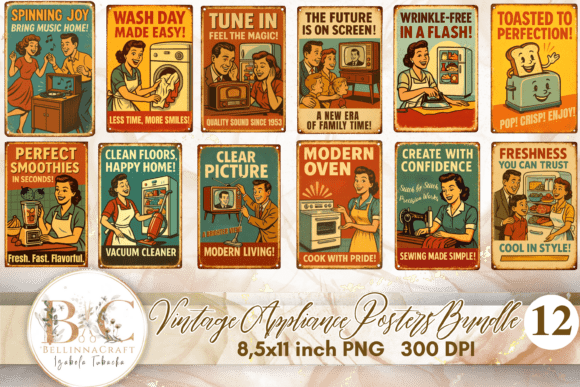 Vintage Appliance Posters Bundle PNG: Retro Kitchen Charm