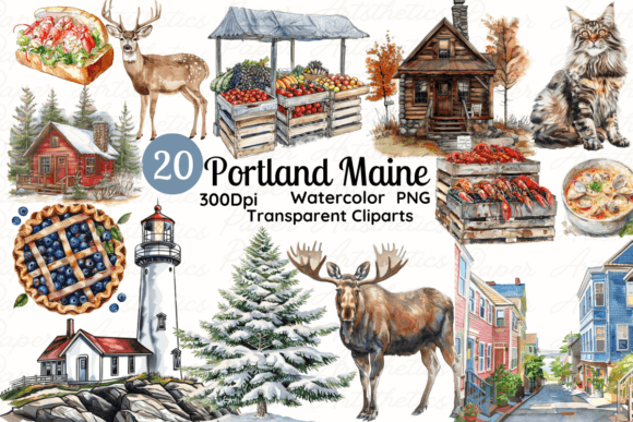 Watercolor Maine Clipart, Portland PNG: Coastal Charm for Your Projects