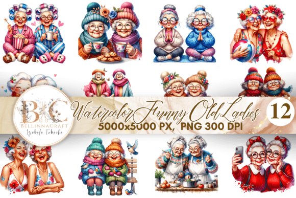 Whimsical Senior Women: Watercolor Funny Old Ladies Clipart PNG